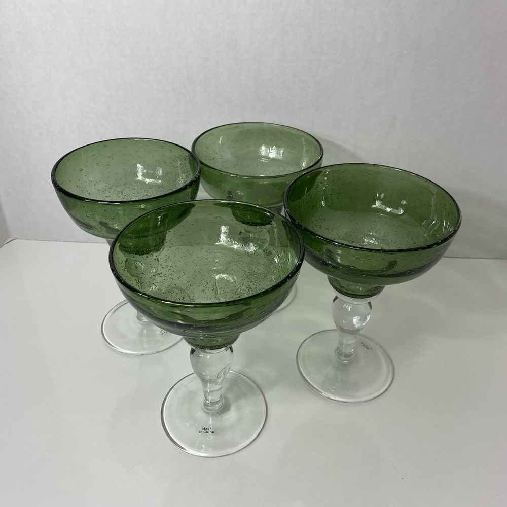Hand Blown Green Bubble Margarita Glasses